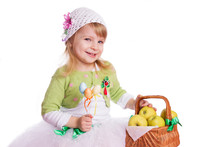 Happy Girl With Basket Of Green Apples