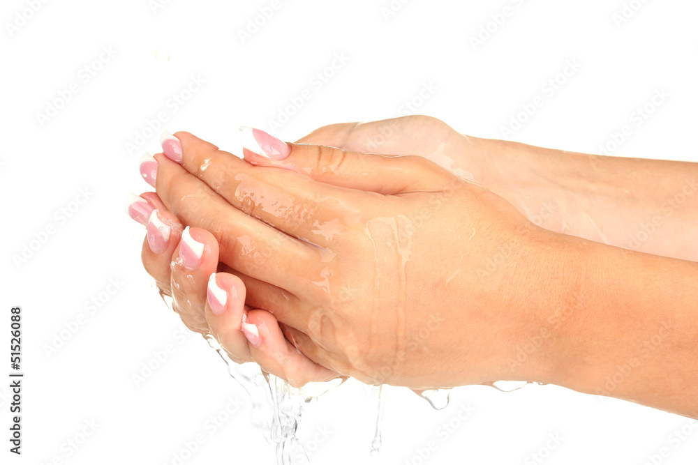Washing woman's hands on white background close-up