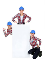 Montage of happy handywoman with white sign for message