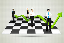 Businesspeople With Arrow Standing On Chessboard