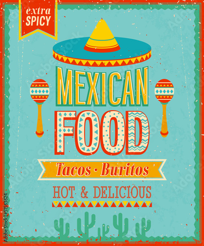 Naklejka - mata magnetyczna na lodówkę Vintage Mexican Food Poster. Vector illustration.