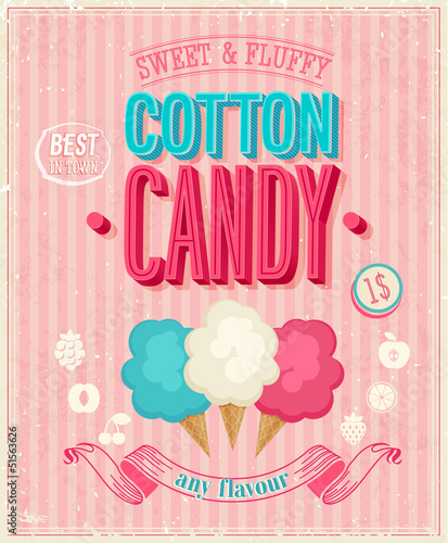 Naklejka - mata magnetyczna na lodówkę Vintage Cotton Candy Poster. Vector illustration.