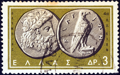 Wall Mural - Coin from Olympia 4th century BC (Zeus and Eagle) (Greece 1963)