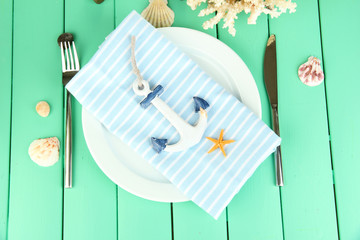 Sticker - Marine table setting on color wooden background