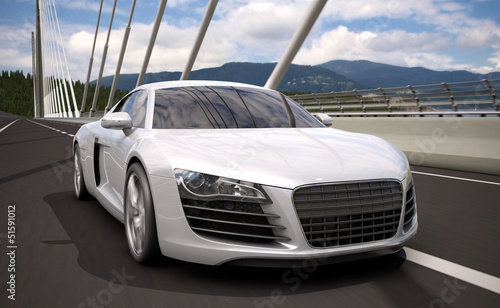 Naklejka - mata magnetyczna na lodówkę luxury sport sedan car crossing bridge 3d rendering