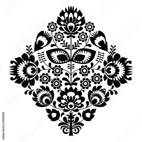 Fototapeta dla dzieci Folk embroidery with flowers - polish pattern monochrome