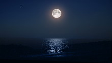 Night Moon And Moonbeam In Sea