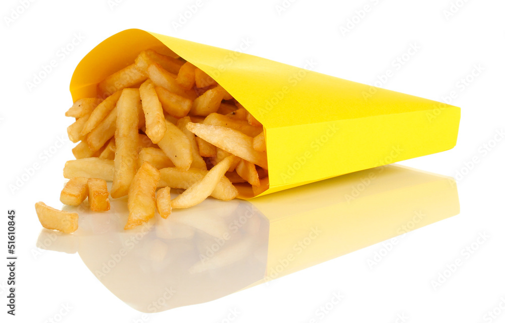 French fries in paper bag isolated on white