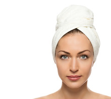 Beautiful Woman With A Towel On His Head On A White Background
