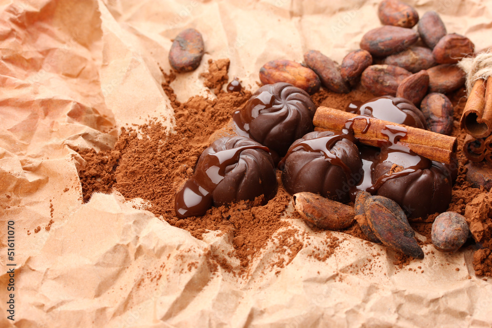 Composition of chocolate sweets, cocoa and spices