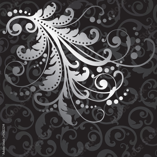 Fototapeta do kuchni Floral silver design element on black swirls pattern