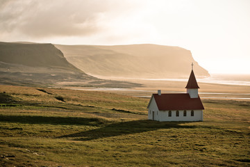 Canvas Print - Typical Rural Icelandic Church at Sea Coastline