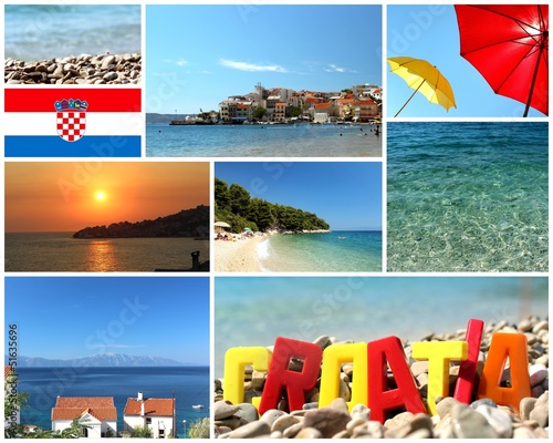 Plakat na papierze fotorealistycznym Witamy w Chorwacji - stos zdjęć z podróży