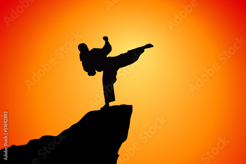 Fotoboard na płycie Kobieta karate w zachodzie słońca, sylwetka
