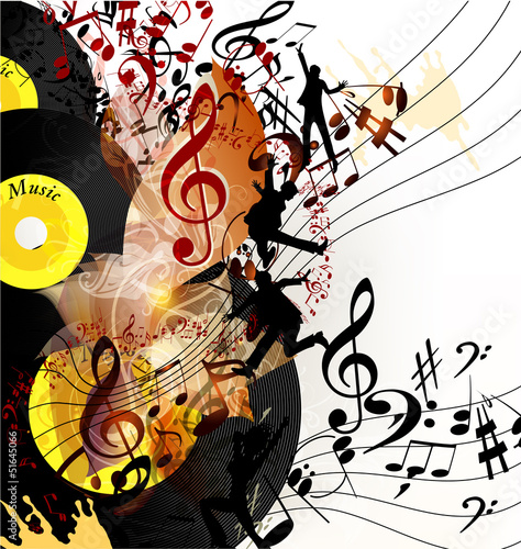 Fototapeta na wymiar Artistic music background with vinyl record and notes in psyche