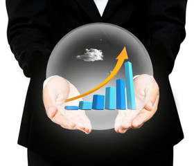 Hand holds the chart of growth in crystal ball