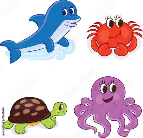 Naklejka - mata magnetyczna na lodówkę Cartoon sea animals. Vector illustration