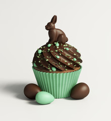 Green Isolated chocolate cupcake, spring and Easter celebration