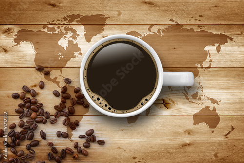 Obraz w ramie Cup of Coffee with World Map