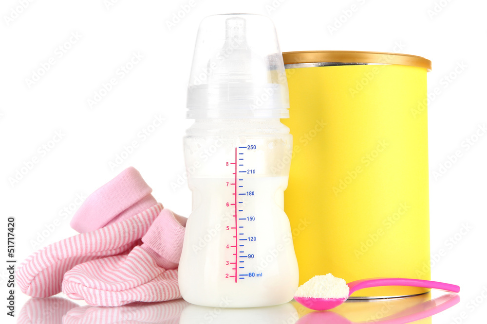 Bottle with milk and food for babies isolated on white