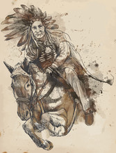 Indian Chief Riding A Horse - Drawing Converted Into Vector