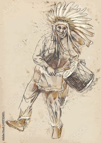 Obraz w ramie Indian Chief plays the drum and dance - Drawing into vector