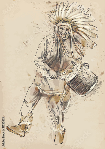 Naklejka na kafelki Indian Chief plays the drum and dance - Drawing into vector