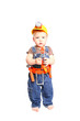 © majesticca - Little boy in an orange helmet with tools on a white background