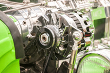Hotrod Vehicle Alternator And Engine Bay Closeup