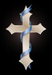 Golden cross with blue ribbon