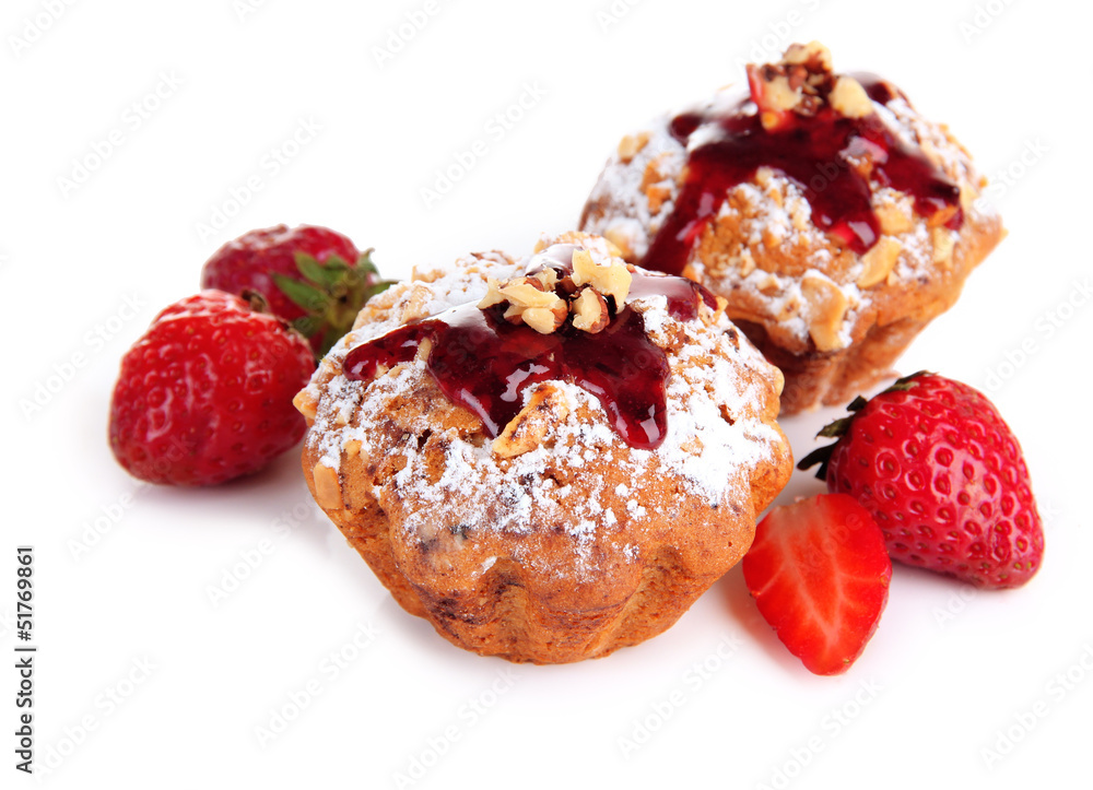 Tasty muffin cakes with strawberries, isolated on white