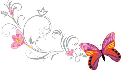 Wall Mural - bright butterfly with a ornamental blooming sprig