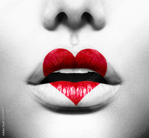 Fototapeta na wymiar Beauty Sexy Lips with Heart Shape paint