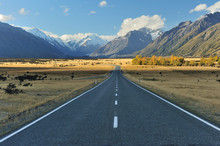 Straight Empty Highway Leading Into Aoraki-Mount Cook