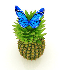 Wall Mural - Blue butterflys on a pineapple on a white background