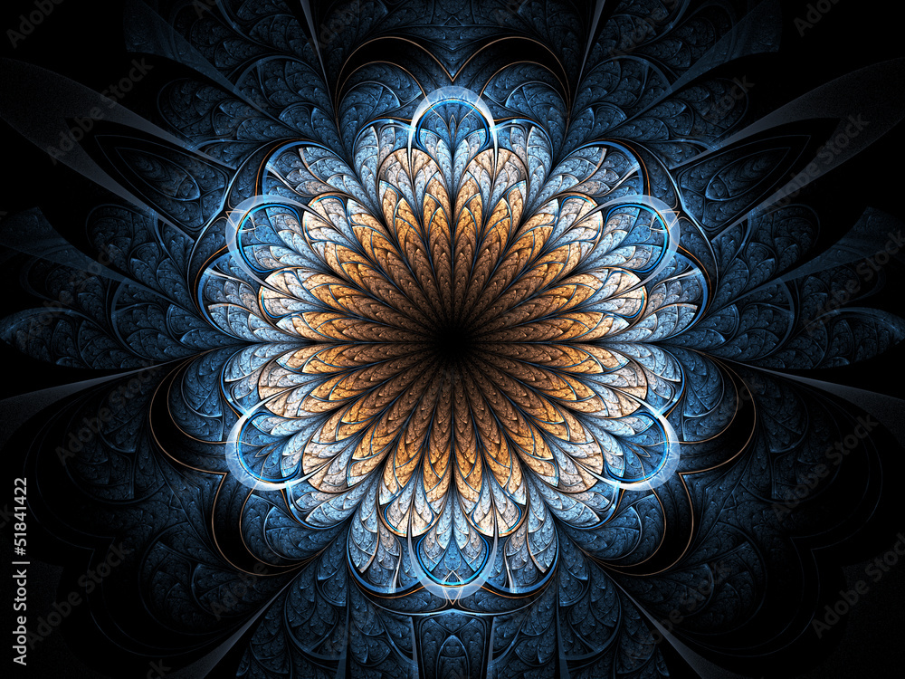 Golden fractal flower, digital artwork - obrazy, fototapety, plakaty 