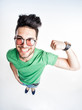 © matusciac - funny handsome man with hipster glasses showing muscles