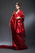 Magic. Woman Wizard In Red Pallium With Scepter. Witchcraft