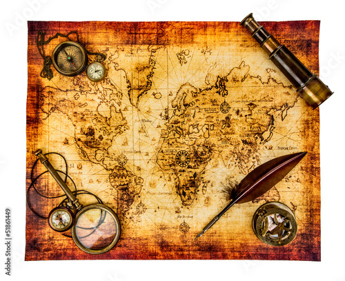 Obraz w ramie Vintage still life. Ancient world map isolated on white.