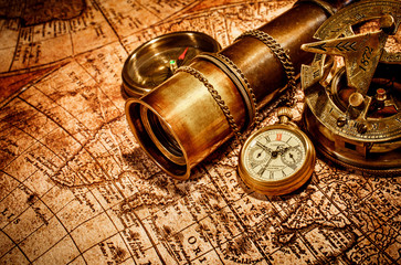 vintage items on ancient map.