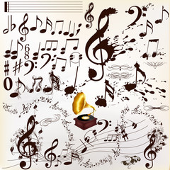Wall Mural - collection of calligraphic and grunge music elements staves and