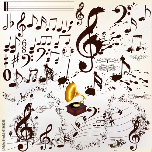 Fototapeta na wymiar Collection of calligraphic and grunge music elements staves and