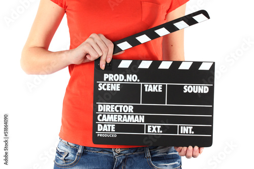 Fotografie, Obraz Movie production clapper board in hands isolated on white
