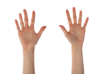 Female hands showing ten fingers isolated on white background