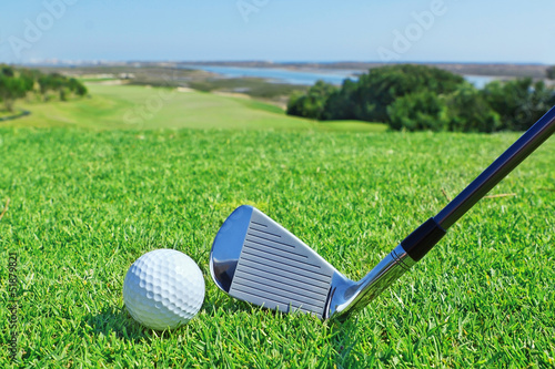Obraz na płótnie canvas czteroczęściowy "tetraptyk" Akcesoria golfowe na tle zielonego pola golfowego.