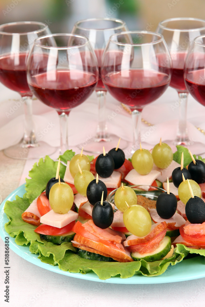 Canapes and wine in restaurant