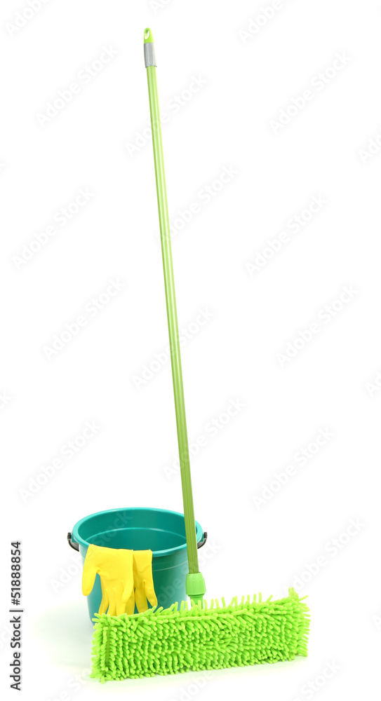 Mop, plastic bucket and rubber gloves, isolated on white