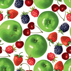 Poster - Green apple and berries seamless pattern