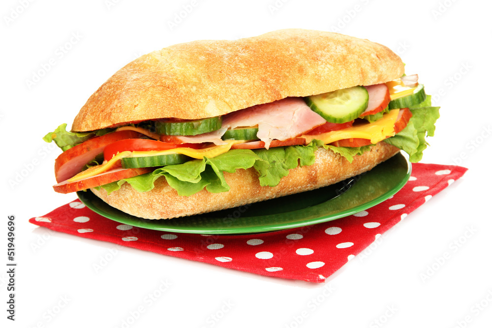 Fresh and tasty sandwich with ham and vegetables isolated