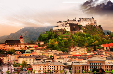 Wall Mural - salzburg city on sunset with castle view, austria